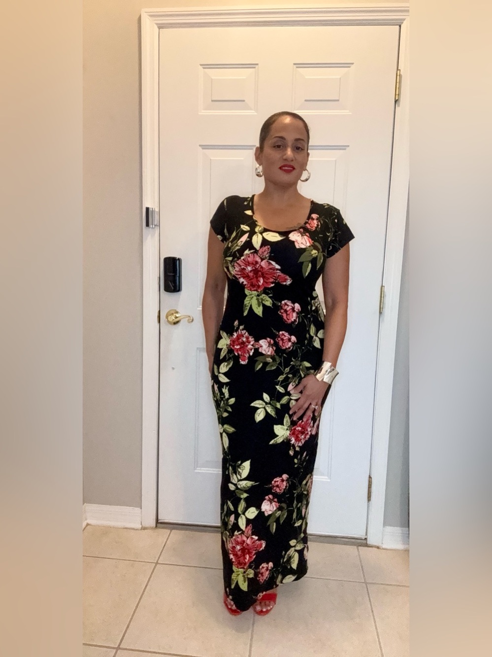 Black Floral Maxi Dress with Pink & Red Blooms